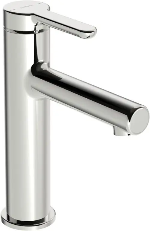 Waschtischarmatur von HANSA mit einem einfachen Hebel zur Steuerung des Wasserflusses, in verchromter Ausführung und geradlinigem Design.